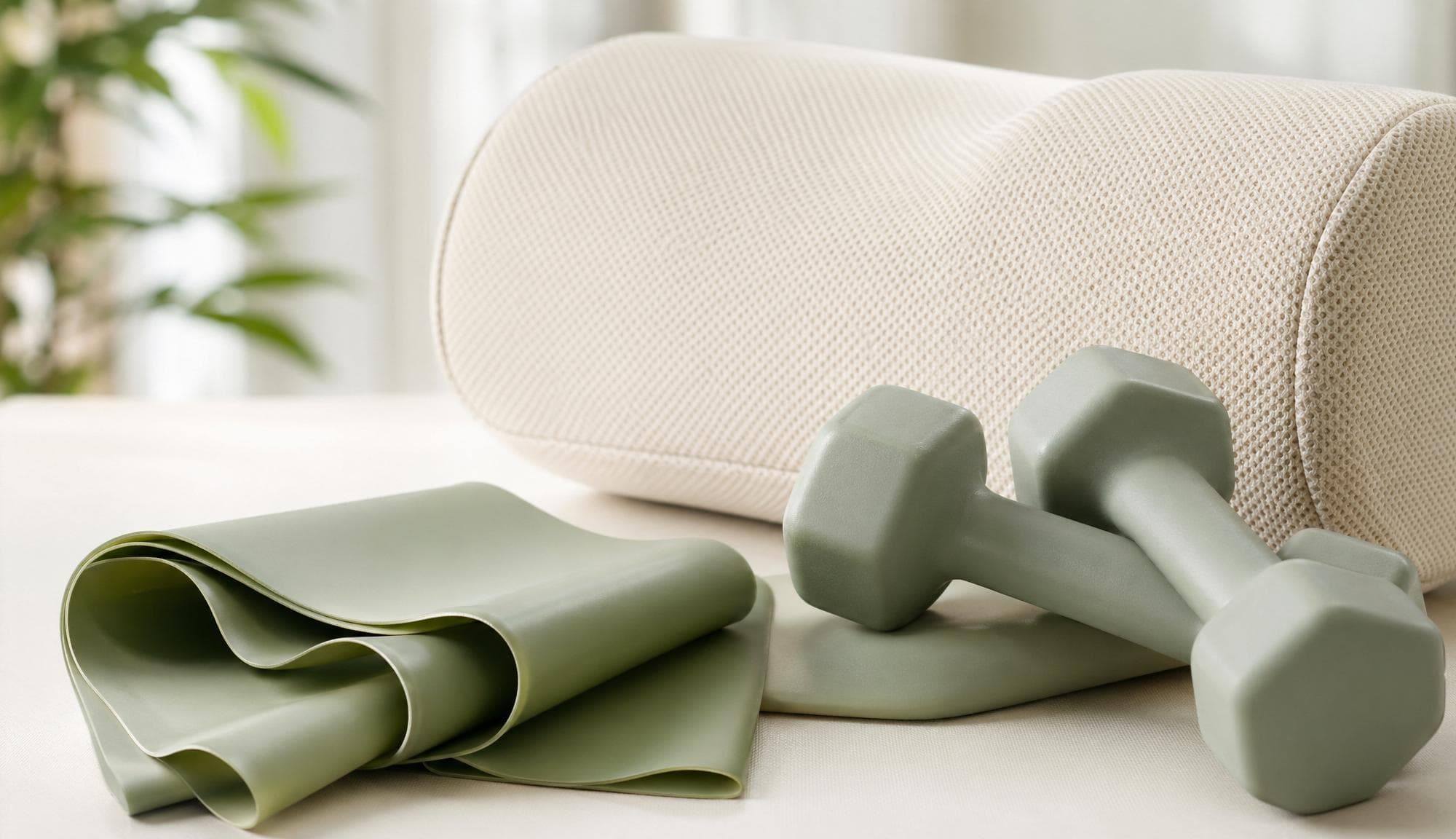 Übungsband und kleine Gewichte für orthopädische Therapie